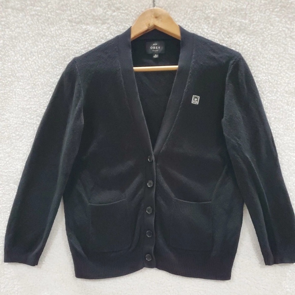 Obey Black Button-Up Cardigan with Patch Logo 100% Cotton Women's Size S